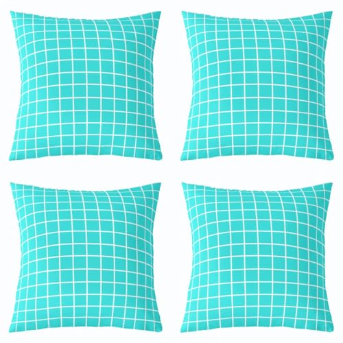 Loussiesd Juego de 4 fundas de cojín a cuadros de color verde azulado y blanco, funda de cojín a cuadros con líneas geométricas, para interiores y exteriores, súper suave, 50 x 50 cm