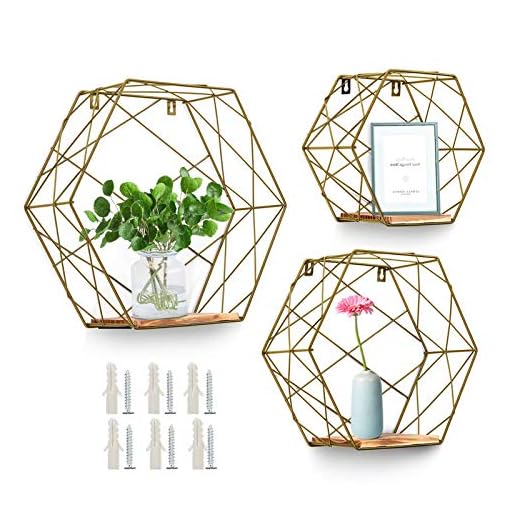 AGSIVO 3pcs Estantería de Pared de Forma Hexágono, Estantes Flotantes de Malla de Metal, para Almacenamiento y Decoración en Sala de Estar, Dormitorio Dorado