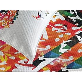 Ambesonne Pineapple Bedspread, Geometric Pineapple Bursting into Scattering Birds Flight Modern Abstract Print, Decorative Quilted 2 Piece Coverlet Set with Pillow Sham, Twin Size, Green Red 51 mNUJ8VUL. SS280