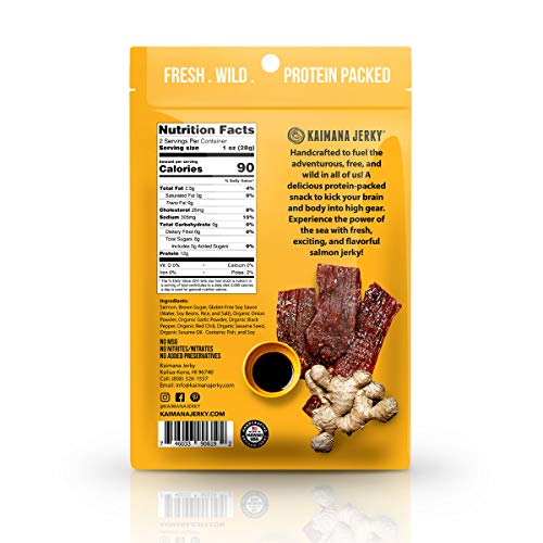 Kaimana Jerky Wild Caught Salmon Jerky - Organic Sweet & Savory Dried Fish Strips Rich in Omega-3 & Protein - Low-Calorie Seafood Snack with No Gluten, Less Sodium & Sugar - Teriyaki Flavor - 2oz Pack