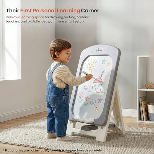 Image of R for Rabbit Little Genius Doodle Whiteboard for Kids Drawing Activity Board Rounded Corner Design Foldable 7-Level Adjustable Height & Handy Storage Tray for 3-7 Years Kids (Grey White)