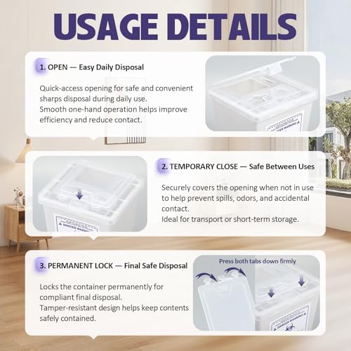 Image of Hushee 6 Pack 1 Quart Sharps Container for Home Use, Multi-Purpose Small Portable Container for Home, Travel, Professional and Personal Use, Translucent Lid, Permanent or Temporary Closure