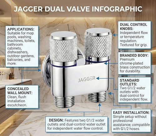 Image of JAGGER JAG415 Stainless Steel 2 in 1 Angle Cock Silver | 2 Way Angle Valve | 2 Way Angle Valve For Bathroom /Wash Basin Taps With Wall Flange Angle Cock Faucet (PACK OF 2)
