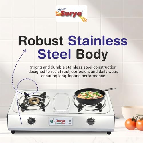 Image of Golden Surya 2 Burner LPG Gas Stove with High Efficiency Burners, Stainless Steel Body, Heavy MS Pan Support, Manual Ignition, ISI Certified (large)