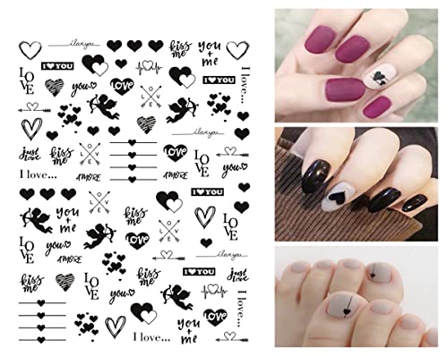 Valentine's Day 3D Nail Art Stickers, Heart Nail Decals Valentine Nail Supplies Black Red Pink Love Heart Lips Heart-Shaped Flower Letter Lover Cupid Kiss Pattern Diy Design Manicure Nail Decoration For Women Girls(8 Sheets) #TOP3