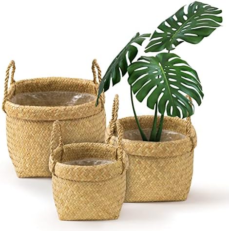 GAIAMADE Set of 3 Seagrass Plant Basket, Plant Basket, Wicker Planter Basket with Liner, Seagrass Planter for Tree Pot, Plant Baskets Indoor for Natural Style, Basket Planters for Indoor Plants.