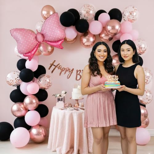 Image of Special You Black Pink Rosegold Birthday Decoration Kit with Bow Theme | Birthday Decoration Items for Girls | Balloon Garland with Chrome & Confetti Balloons, Banner | Party Decor Set