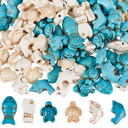 SUNNYCLUE 120PCS 6 STYLES Turquoise Turtle Beads Ocean Animal Beads Summer Hawaii Sea Animals Blue White Lucky Fish Gemstone Loose Spacer Bead Bulk for jewellery Making Beading Kit Bracelet Craft