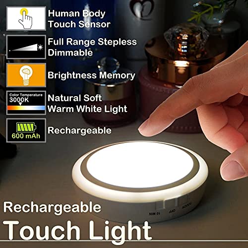 Rtsu Rechargeable Touch Light With Timer, Dimmable Kids Baby Nursery Night Light Lamp, Wireless Stick-On Anywhere Led Push Tap Light For Closet Cabinet, Brightness Memory, Warm White Light #TOP1