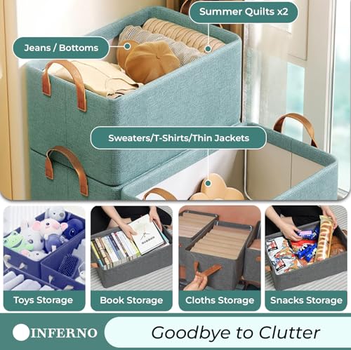 Image of INFERNO 3 Piece Foldable Wardrobe Cloth Organizer with Durable Handles, Space Saving Stuff Storage Box Closet Drawer Organizers for Clothes, Toys, Books, Blanket (Green)