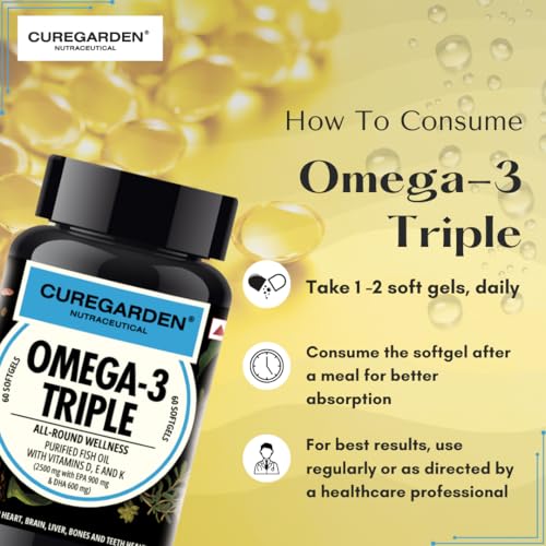 Image of Curegarden Omega-3 Fish Oil Capsules 2500mg - Triple Strength with 900mg EPA, 600mg DHA - Vitamin D, E & K - Heart, Brain Health - Boost Immunity, Metabolism & Bone Health - 60 Softgels