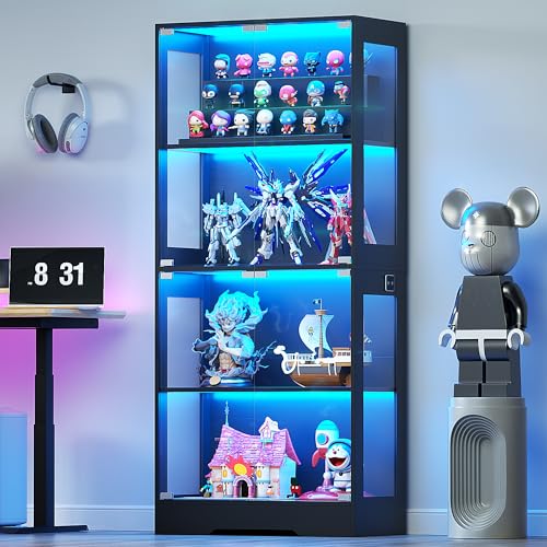 Ceruvia Glass Display Cabinet with 3CCT Motion Sensor Light, 4-Tier Curio Case for Collectibles, Storage Shelf with Glass Doors, Bookcase, Showcase, Black
