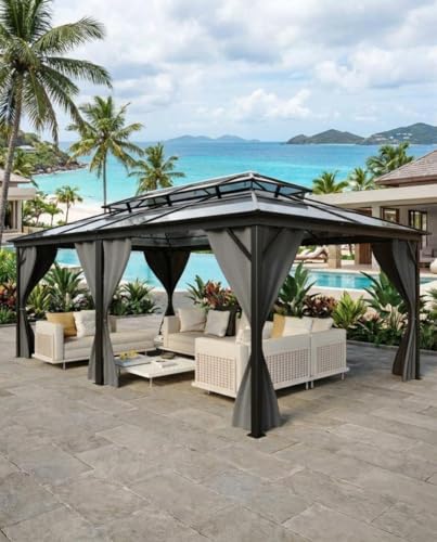 12X20 Hardtop Gazebo All-Weather Aluminum Frame Outdoor Canopy with Double Polycarbonate Roof Permanent Outdoor Gazebo with Netting & Curtains for Garden Lawns Patio Grey.