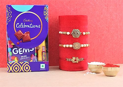 Image of SFU E Com Cadbury Celebration Chocolates | Set of 3 Rakhi with Chocolates | Rakhi Cadbury Chocolates | Roli, Chawal, Chandan, Misri | 004