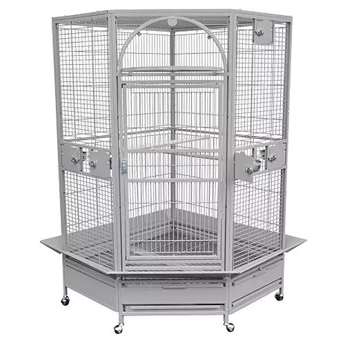 King's Cages GC 14022 Corner Parrot Cage Bird Toys African Grey Macaw Cockatoo Grey Silver Color