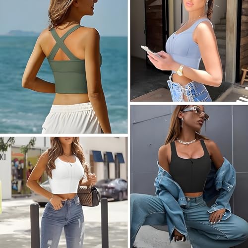 Image of Fabluk Women's Medium Impact Front Zip Sports Bra - Longline Fitness Crop Top with Criss-Cross Back, Wire-Free Yoga & Workout Tank, Sizes M-2XL