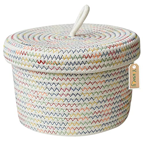 Yiuswoy Panier de Rangement Tissé en Corde de Coton Boîte de Rangement Ronde Panier Décoratif avec Couvercle pour Jouets, Couches, Maquillage, 26x16 cm, Blanc Cover