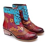 CrazycatZ Womens Bohemian Splicing Flower Pattern Lace up Block Heel Leather Boots (RED, numeric_7)