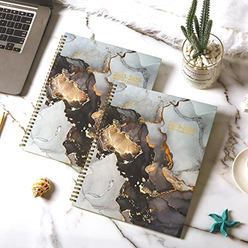 Monthly Planner 2023-2025 - 2 Year Planner, Monthly Planner 2023-2025, 24-Month Planner From July 2023 - June 2025, 9" X 11", Monthly Planner With Tabs, Contacts + Back Pocket + Twin-Wire Binding - Black Waterink #TOP7
