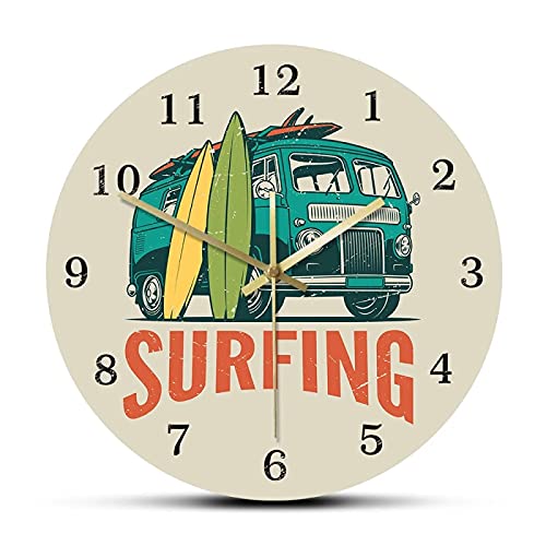 xinxin Reloj de Pared Tiempo de Surf Coche de época Kombi Camper Van Reloj de Pared de Surf Viaje de Verano Van y Tabla de Surf Surf Moderno Decoración del hogar Reloj silencioso