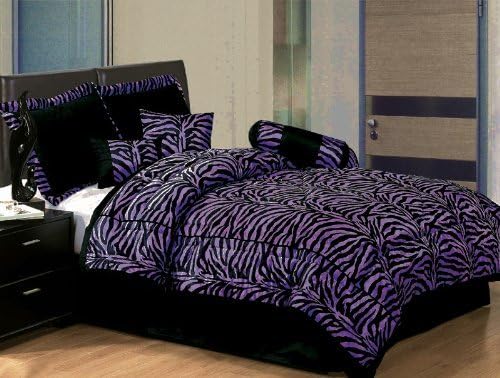 Imperial 7pcs Micro Fur Black/Purple Zebra Design Comforter Bed-in-a-bag Set Queen Size Bedding