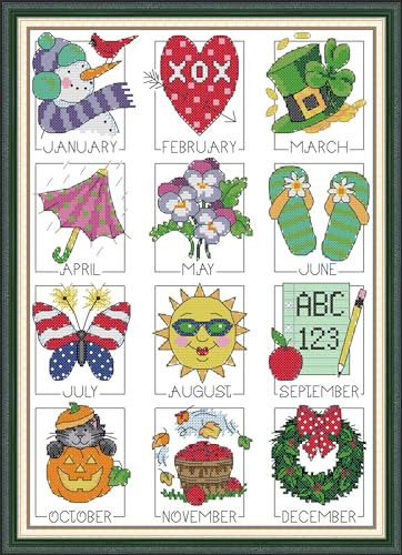 Image of CaptainCrafts Cross Stitch Kits for Adults Counted Cross Stitch Unprinted Fabrics Needlework Craft Home Decor (Counted 14CT, Twelve Months)