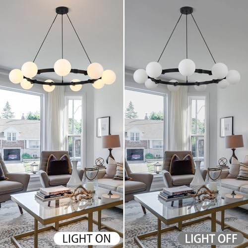 ABEAJAT 9-Light Modern Chandelier for Dining Room, Sputnik Ceiling Light Fixture with White Globe Bubble, Large Black Wagon Wheel Chandelier for High Ceiling Living Room Kitchen Island Farmhouse by ABEAJAT - Image 3