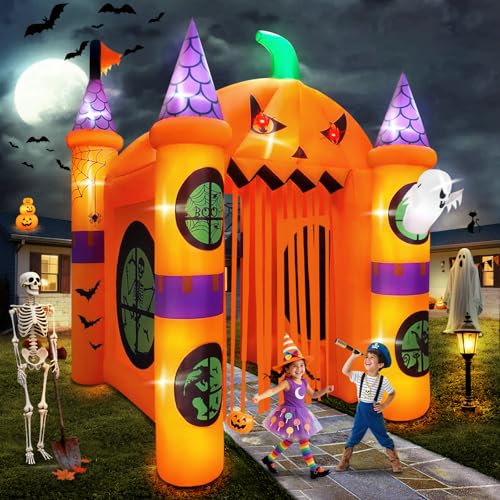 Kalolary 12FT Halloween Inflatables Archway Pumpkin Haunted House, Giant Pumpkin Ghost Arch Inflatable with Built-in Lights Blow Up Halloween Outdoor Yard Decoration for Garden Lawn Outdoor Decors