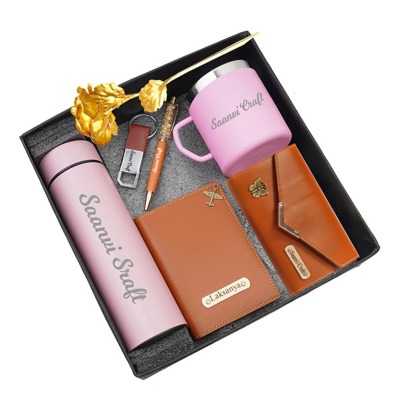 Dream Gift Glore Customized Your Name Water Bottle With Coffee Mug, Passport Cover, Pen, Keychain and Ladies Clutch/Purse Mens Customized Gift Hamper (Pack of 6)-image-24