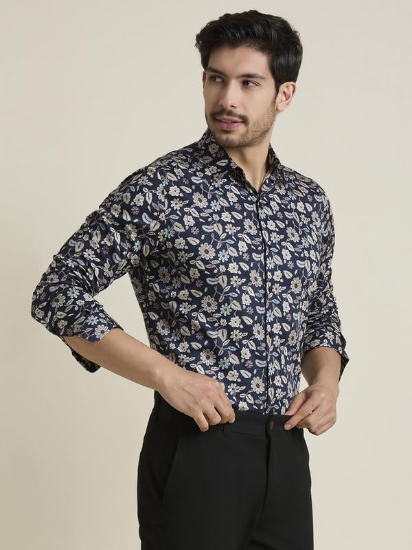 Image of MARK & ALBERT Men's Printed Full Sleeves Regular Fit Shirt Blue | 100% Cotton Stretchable Fabric