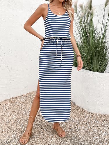 Women's Spring and Summer Slim fit Dress, Vacation Sleeveless Striped Vest Dress, Drawstring Open Neck3
