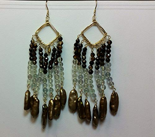 Designer Amanda Sterett Smoky Quartz,Crystal & Pearl Earrings Silver 14kt Pla NJ-1154