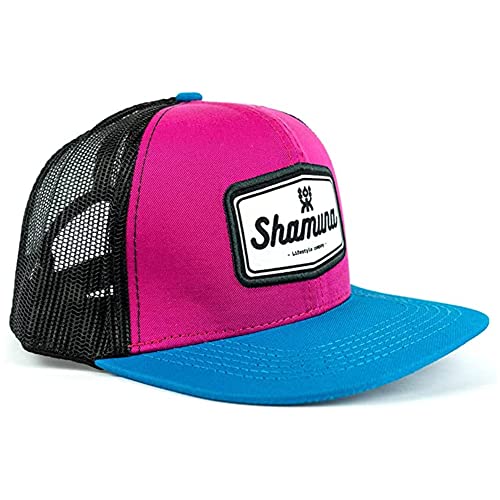 SHAMUNA Flat Brim Trucker Cap - Cool Snapback Vintage-Style Flat Bill Hat, One Size Fits Most Men, Pink, Black & Blue
