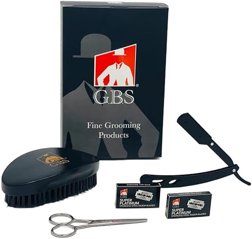 G.B.S Kit de aseo para hombres, kit de barba de afeitar de borde recto, tijeras de pelo cromado, cepillo ovalado, cuchillas de doble filo