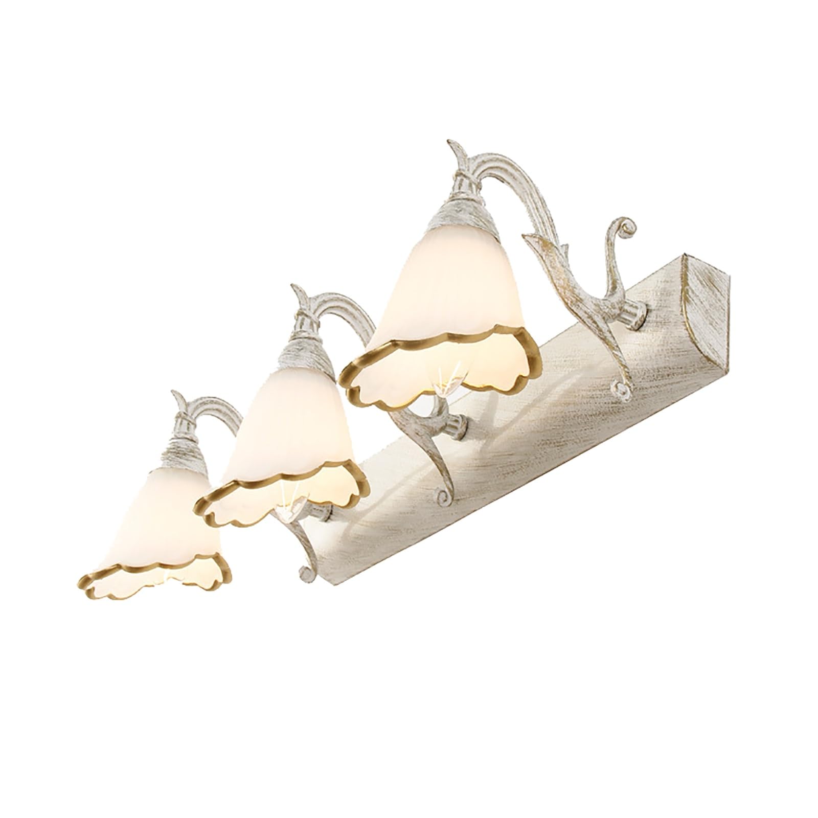 Lámpara de tocador de baño Vintage de 3 Luces, lámpara de tocador de baño con Acabado Antiguo Mate y Pantalla de Flor de Vidrio Blanco Leche, Casquillo E14 (Bombillas no Incluidas)