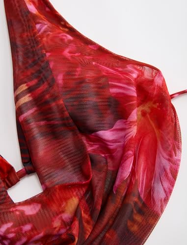 Image of ZAFUL Women's 3 Piece Floral Swimsuit Draped Neck Halter Bikini Tie Side Bathing Suit with Sheer Cover Up Skirt