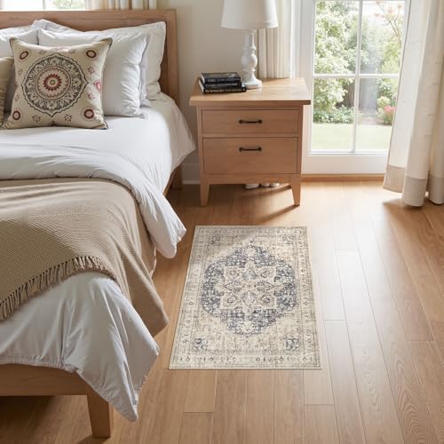 Tortania Area Rug 2x3 Doormat - Washable Vintage Oriental Farmhouse Soft Thin Indoor Carpet for Living Room Bedroom Hallway Entryway Kitchen - Cream/Blue