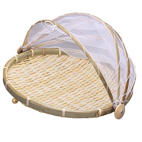 NICEXMAS Panier de Tente de Nourriture en Bambou Tissé à La Main Panier de Couverture en Maille Anti-Insectes Panier de Couverture de Pain de Légumes de Fruits avec Gaze (Taille Kaki L)