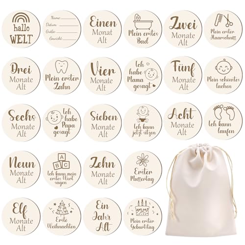 Kaisibum Meilensteinkarten Baby Holz,13 Stück Monatliche Meilensteinkarten für Baby,Geschenk für Werdende Mütter&Eltern Babyparty(13 Stück)