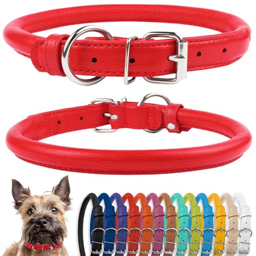 CollarDirect Collare per cani arrotolato in pelle, morbido collare rotondo imbottito per cuccioli, collare fatto a mano in vera pelle per cani piccoli collari (6-7 pollici, rosso testurizzato)