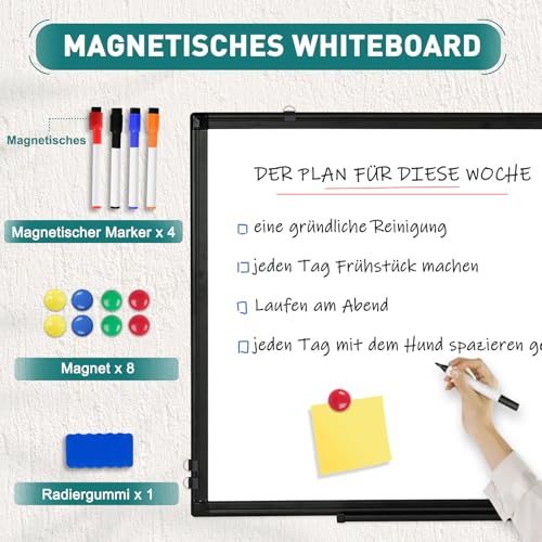 QUEENLINK Magnetisch Doppelseitiges Whiteboard, 45x60cm Magnettafel mit Schwarzer Aluminiumrahmen, Magnetwand White Board mit Stiftablage und Haken