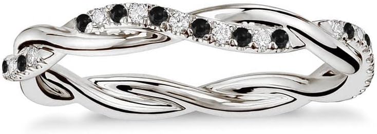 Alternate Black & White Diamond Twisted Full Eternity Ring For Women, 14k Gold Finish Black Diamond Swirl Wedding Band, Ladies Crossover Anniversary Band