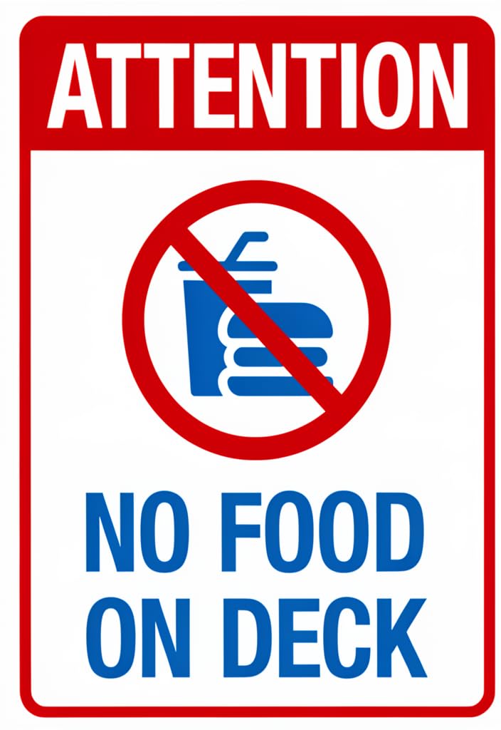peiyeety Attention No Food on Deck Tin Sign 12x8 Inch, Metal Wall Decor Notice Sign with Red Border & Blue Text, Indoor/Outdoor Hanging Plaque for Workplace, Shop, School, Home