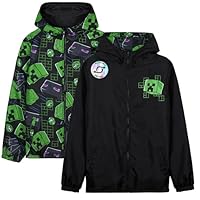 Get Trend Minecraft Rain Coat Boys Teens, Reversible Water Resistant Jacket, Creeper Lightweight Outerwear, Gamer Gifts for Boys (13-14 Years, Green Minecraft Reversible)
