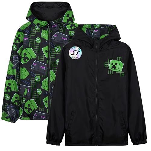 Get Trend Minecraft Chubasquero Niño y Adolescente, Creeper Chaqueta Impermeable con Capucha, Reversible Diseños, Regalos para Niños (11-12 Años, Minecraft Reversible)
