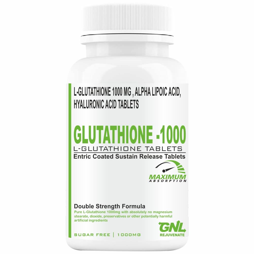 GNL Glutathione Tablets 1000mg For Skin, L Glutathione With Alpha Lipoic Acid, Hyaluronic Acid, Biotin, Vitamin C, B12, Grape Seed And Superfood Extracts -60 Tablet
