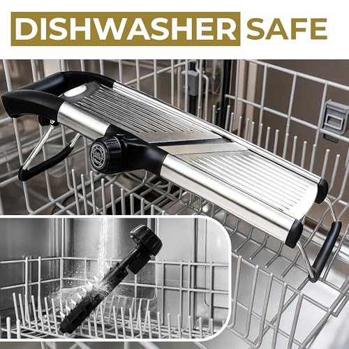 Image of Pronto Kitchen Adjustable Stainless Steel Mandoline Food Slicer - Comes with One Pair FREE Cut-Resistant Gloves || Vegetable Onion Potato Chip French Fry Julienne Slicer | Slice from Paper-Thin to Thick-Cut with Stainless Steel Frame and Rotating Blade, Non-Slip Base, Gloves and Guard Included