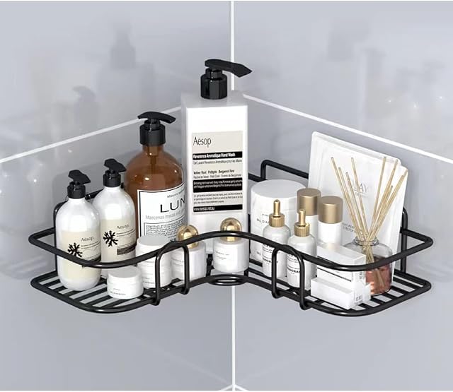 Yuechenggui 1 PCS Corner Shower Caddy, no Drill Shower Caddy, Stainless Steel Shower Shelf, Waterproof Bathroom Shower Shelf for Kitchen & Bathroom with 4 Extra Self Adhesive Hooks (Black)