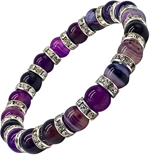 Helena Rose Ladies Stretch Bracelet For Women - Gorgeous Purple Natural Agate Beads & Sparkling Rhinestone Diamante Crystals - Woman's Spiritual Fashion Bracelet With Jewellery Gift Box