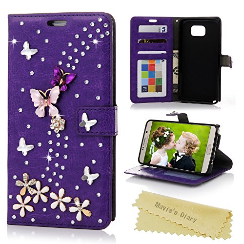 Note 5 Case,Samsung Galaxy Note 5 Case - Mavis's Diary 3D Handmade Wallet Bling Rhinestone Butterfly Lingers Over Flowers Diamonds Purple PU Leather Magnetic Clasp Credit Card Holders Flip Cover